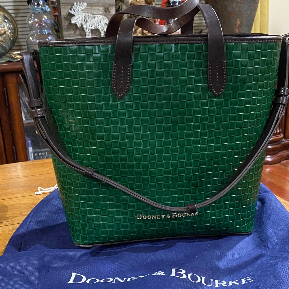 Dooney & Bourke Textured Green Tote with Brown Handles